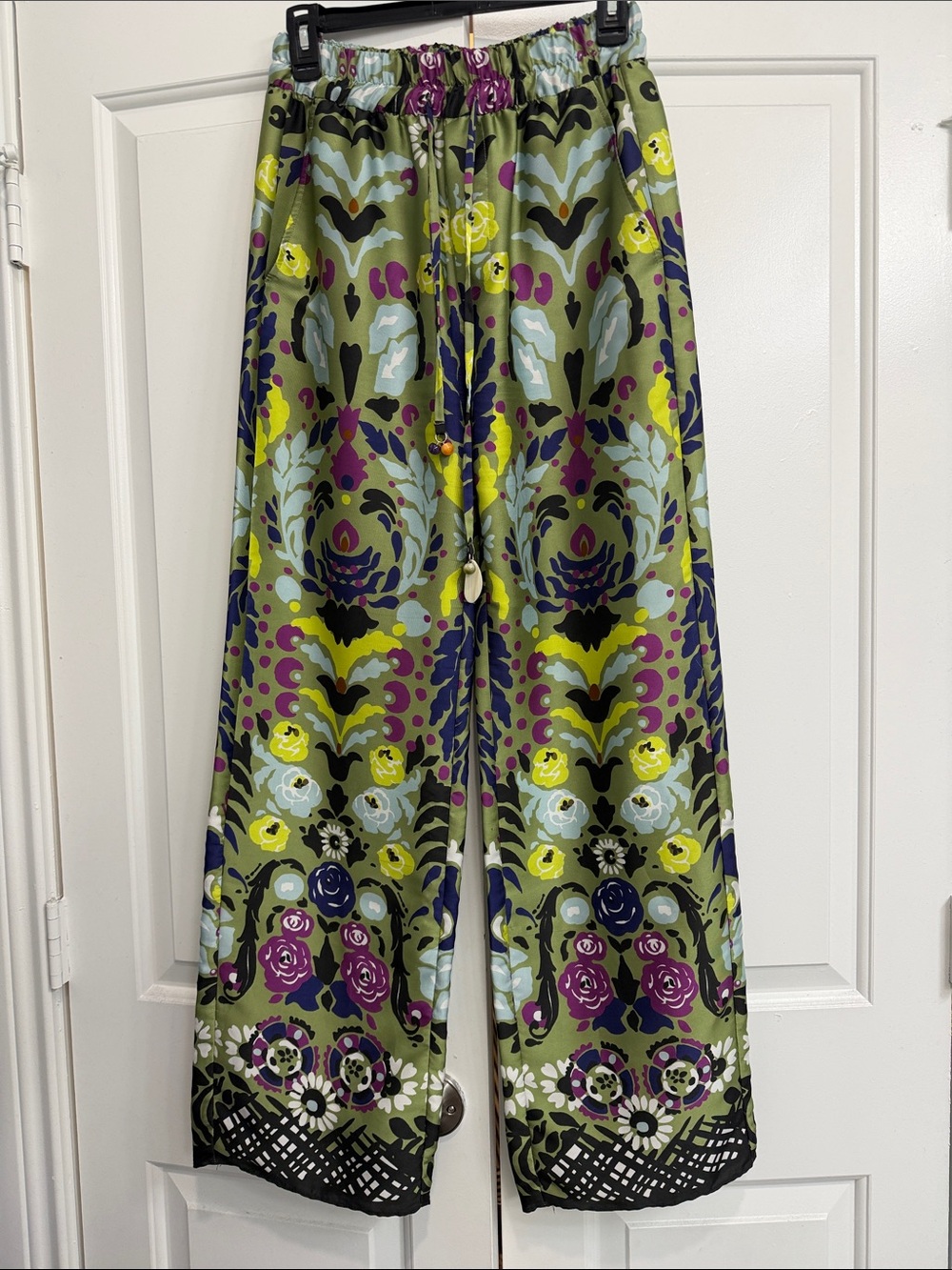 Zara Olive Floral Wide-Leg Pants with Purple & Yellow Accents